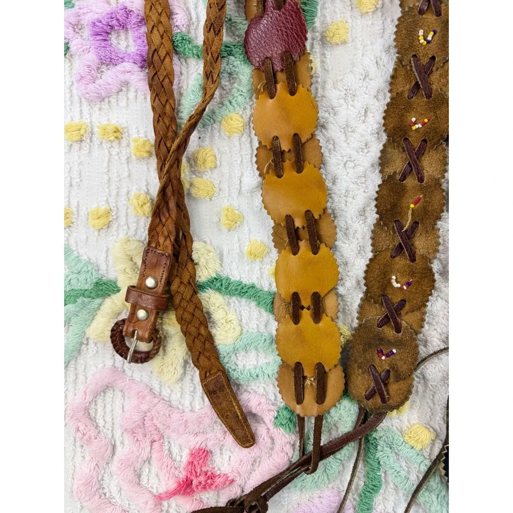Boho 60 s Leather‎ Beaded Fur Belt Set 3 Women's Western Hippie Accessories